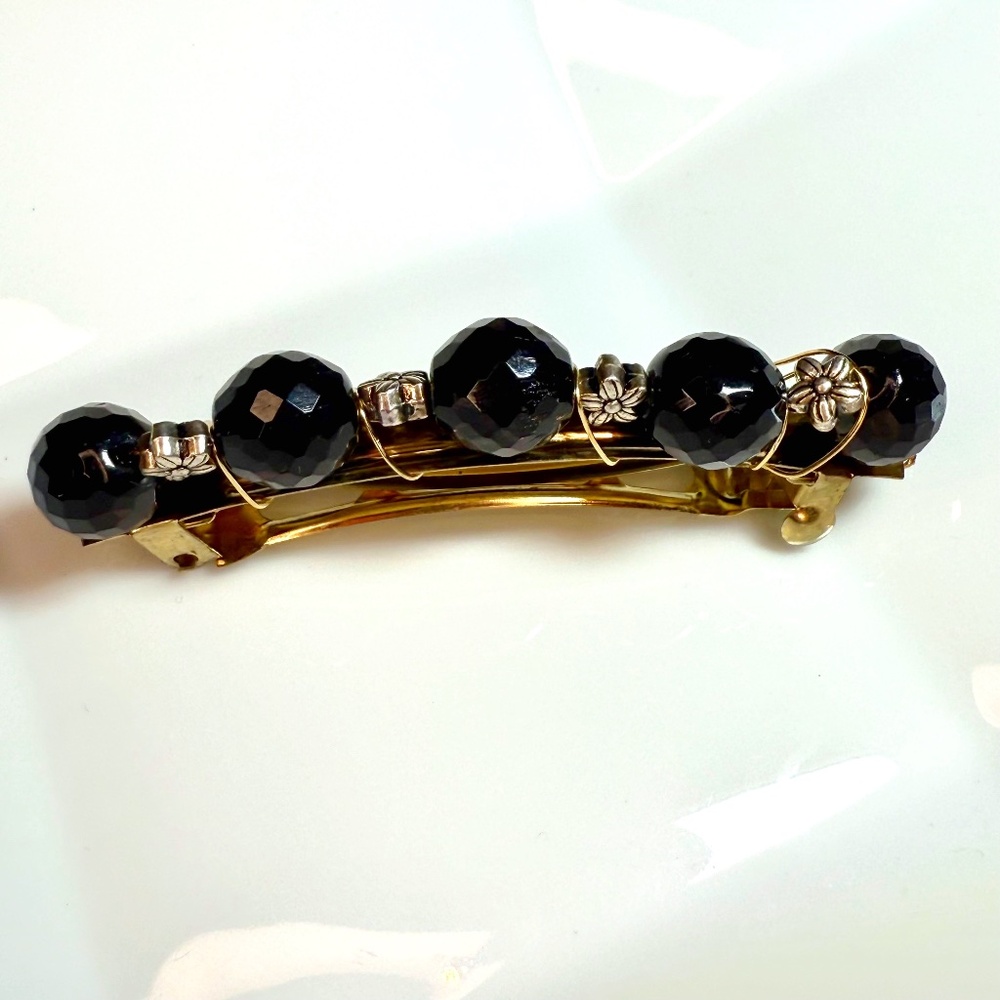 Hand Crafted Black Faceted Bead & Silver Tone Flower Beaded Gold Tone Hair Clip
